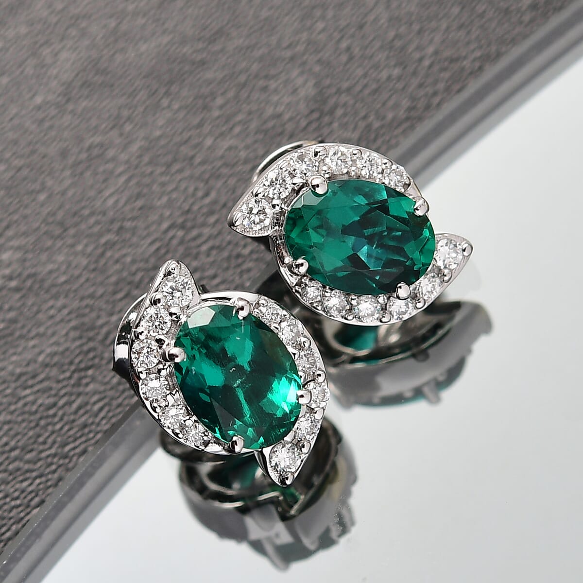 Certified & Appraised AAA Luxuriant Lab Grown Emerald and G-H SI Lab Grown Diamond 2.26 ctw Earrings in 10K White Gold image number 1