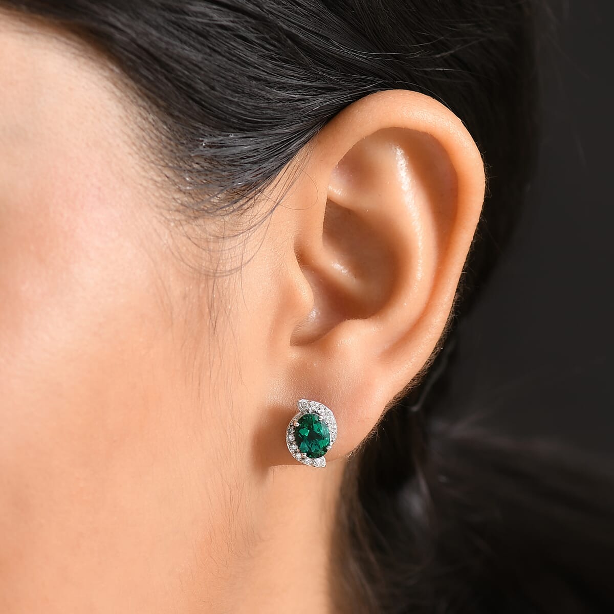 Certified & Appraised AAA Luxuriant Lab Grown Emerald and G-H SI Lab Grown Diamond 2.26 ctw Earrings in 10K White Gold image number 2