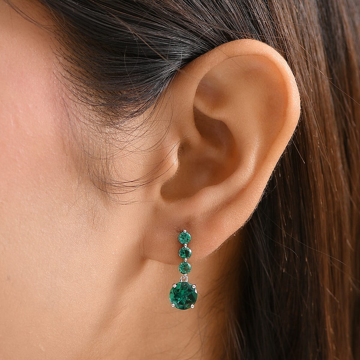 AAA Luxuriant Lab Grown Emerald 2.89 ctw Earrings in 10K White Gold image number 2