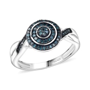 D'Joy Blue Diamond 0.25 ctw Halo Sparkle Ring in Rhodium Over Sterling Silver (Size 10.0)
