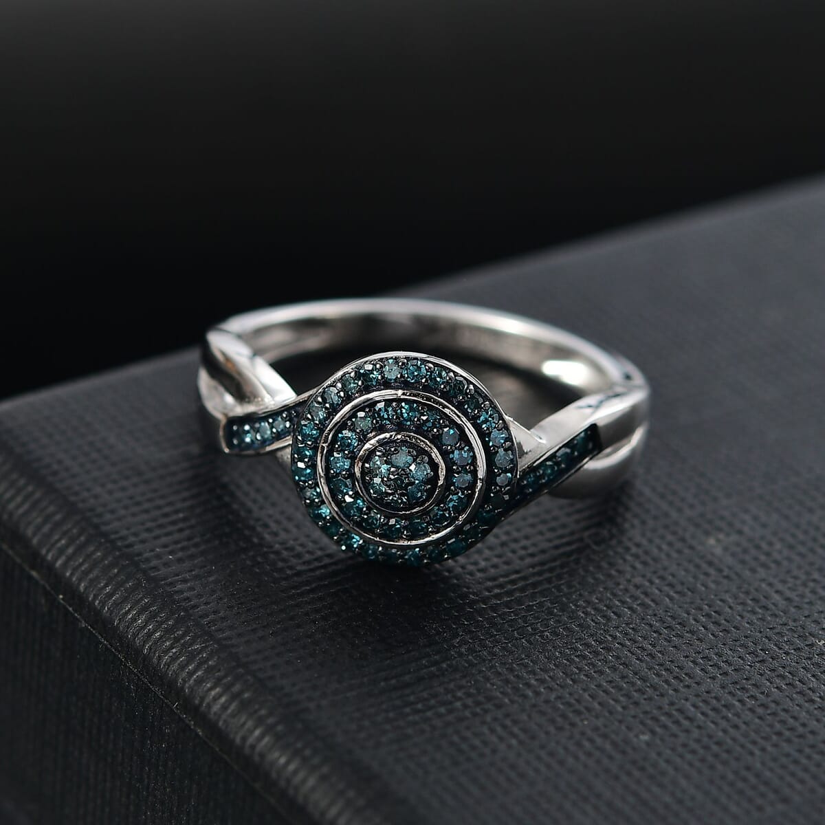 D'Joy Blue Diamond 0.25 ctw Halo Sparkle Ring in Rhodium Over Sterling Silver (Size 10.0) image number 1