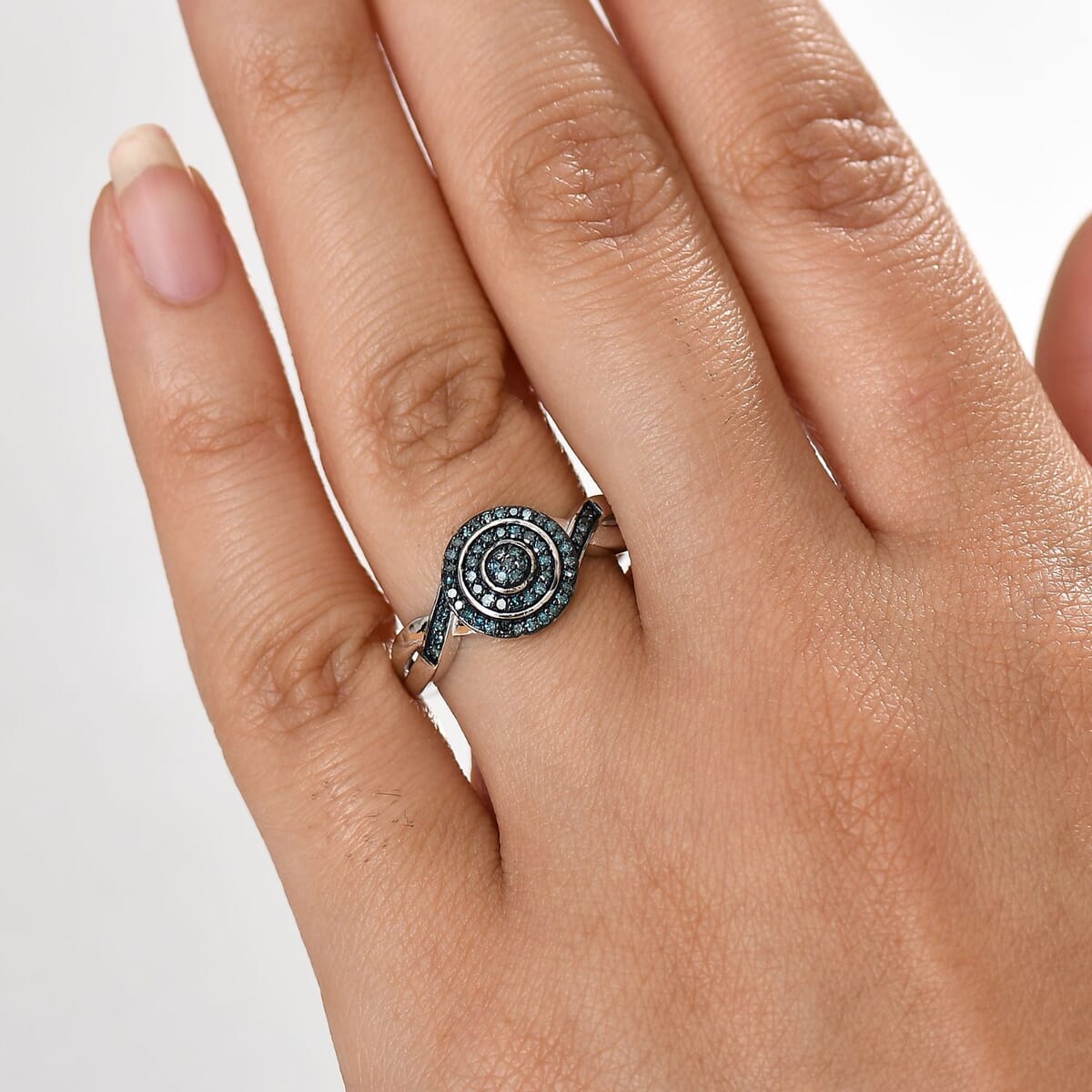D'Joy Blue Diamond 0.25 ctw Halo Sparkle Ring in Rhodium Over Sterling Silver (Size 10.0) image number 2