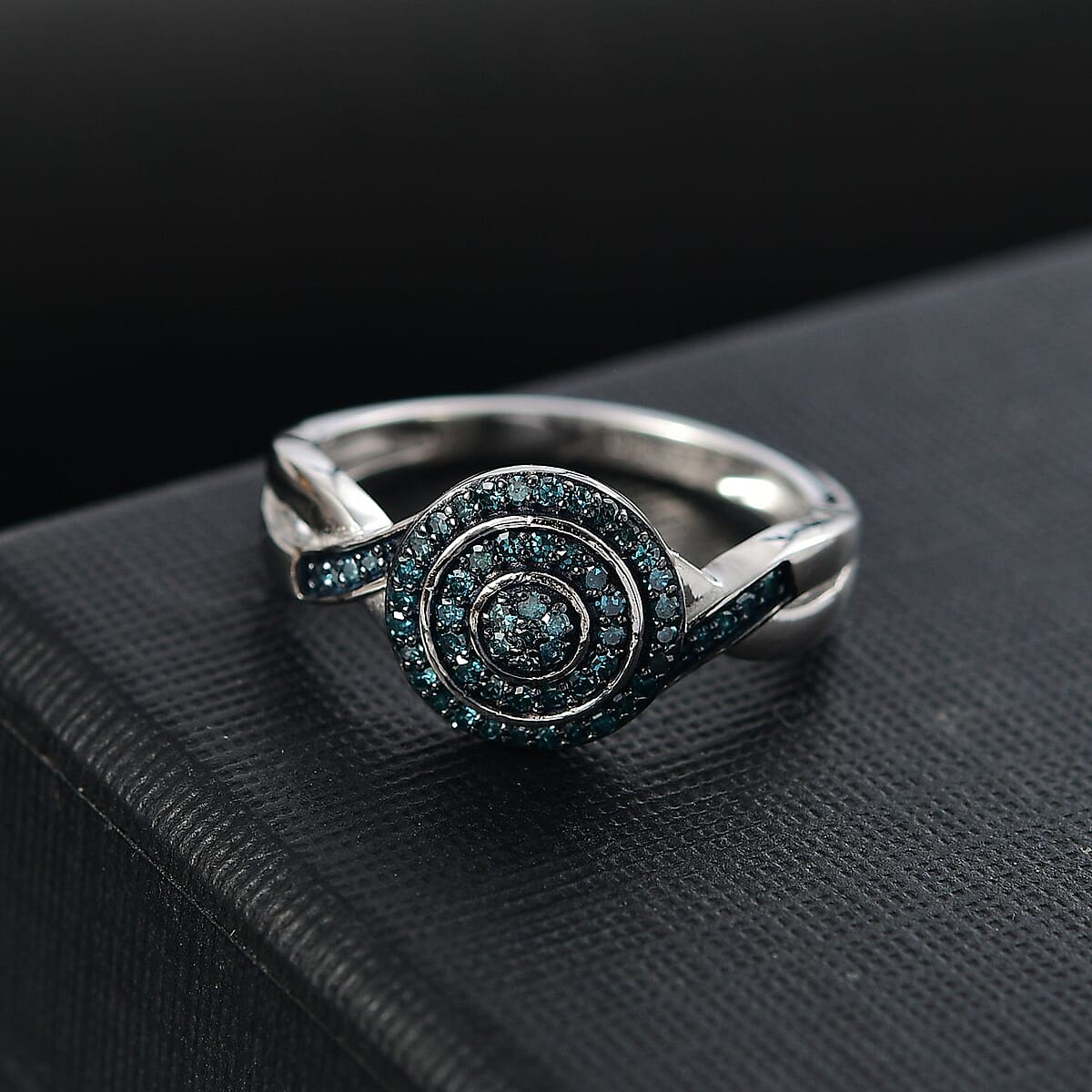 D'Joy Blue Diamond 0.25 ctw Halo Sparkle Ring in Rhodium Over Sterling Silver (Size 5.0) image number 1
