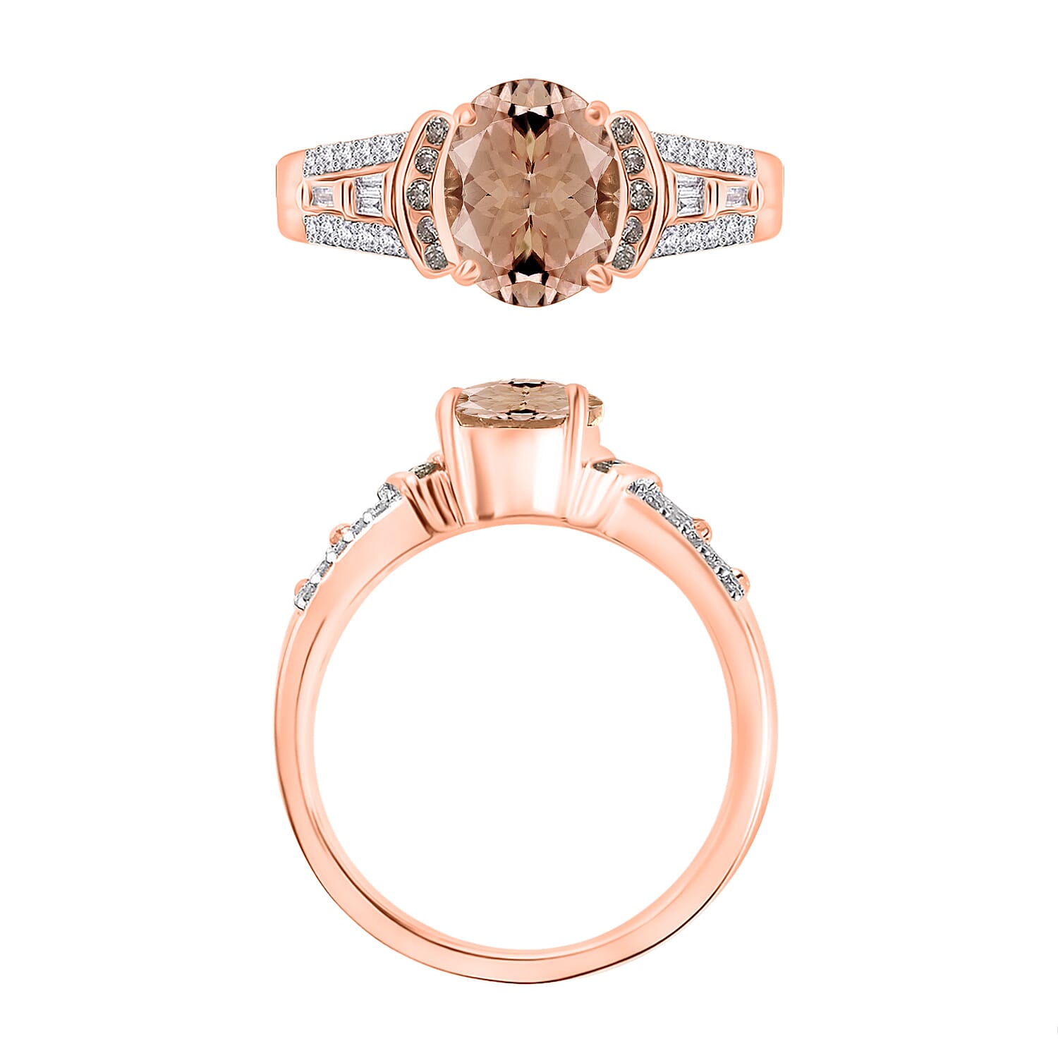 Premium Marropino Morganite, Natural Champagne and White Diamond 2.23 ctw Ring in 18K Vermeil Rose Gold Over Sterling Silver (Size 10.0)