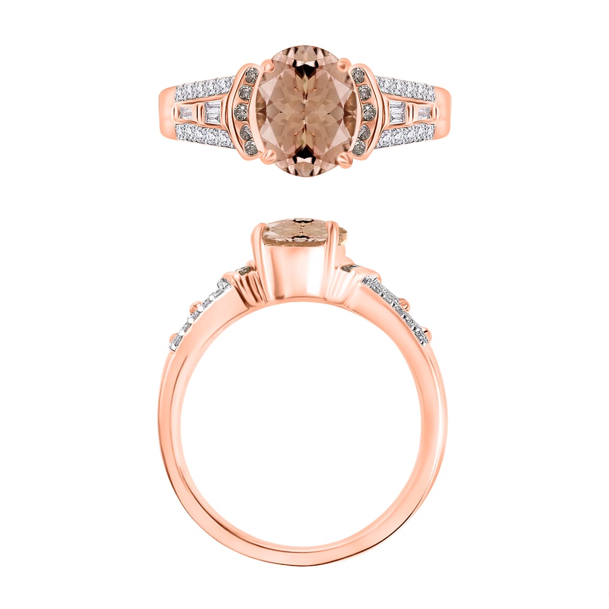 Premium Marropino Morganite, Natural Champagne and White Diamond 2.23 ctw Ring in 18K Vermeil Rose Gold Over Sterling Silver (Size 10.0) image number 3