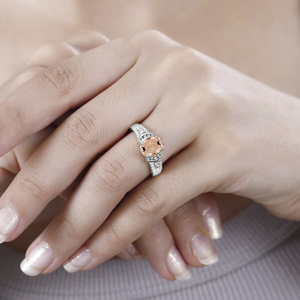 Premium Marropino Morganite, Natural Champagne and White Diamond 2.23 ctw Ring in Rhodium Over Sterling Silver (Size 10.0) (Del. in 10-12 Days) image number 1