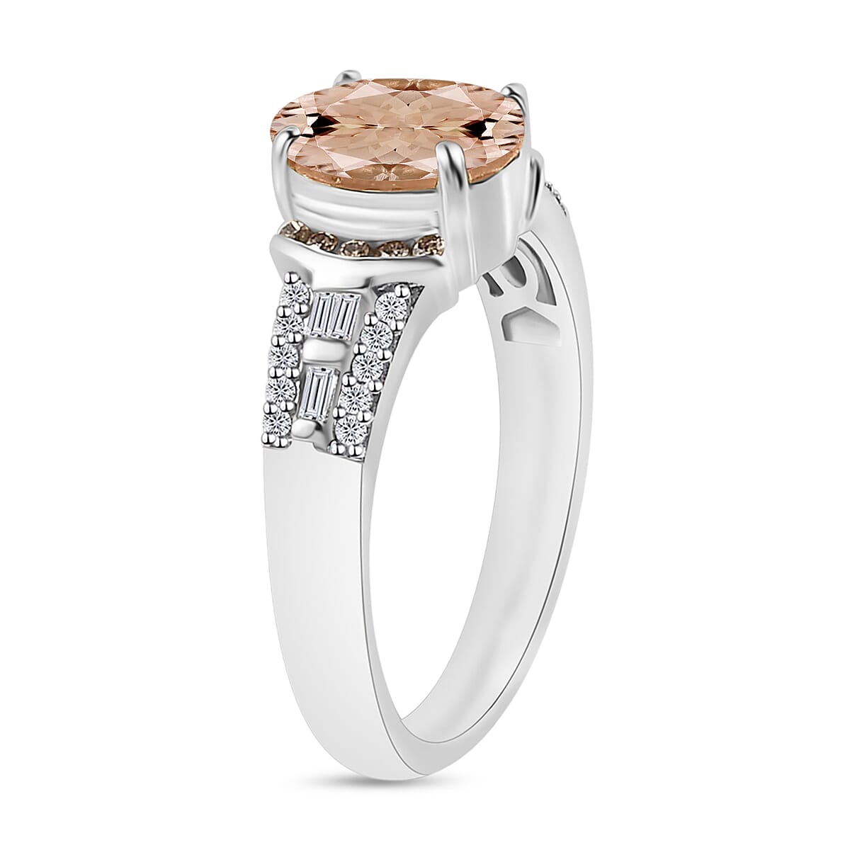 Premium Marropino Morganite, Natural Champagne and White Diamond 2.23 ctw Ring in Rhodium Over Sterling Silver (Size 10.5) (Del. in 10-12 Days) image number 2