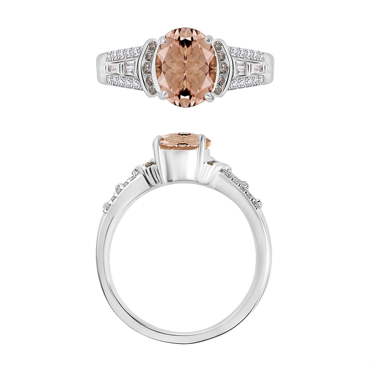 Premium Marropino Morganite, Natural Champagne and White Diamond 2.23 ctw Ring in Rhodium Over Sterling Silver (Size 10.5) (Del. in 10-12 Days) image number 3
