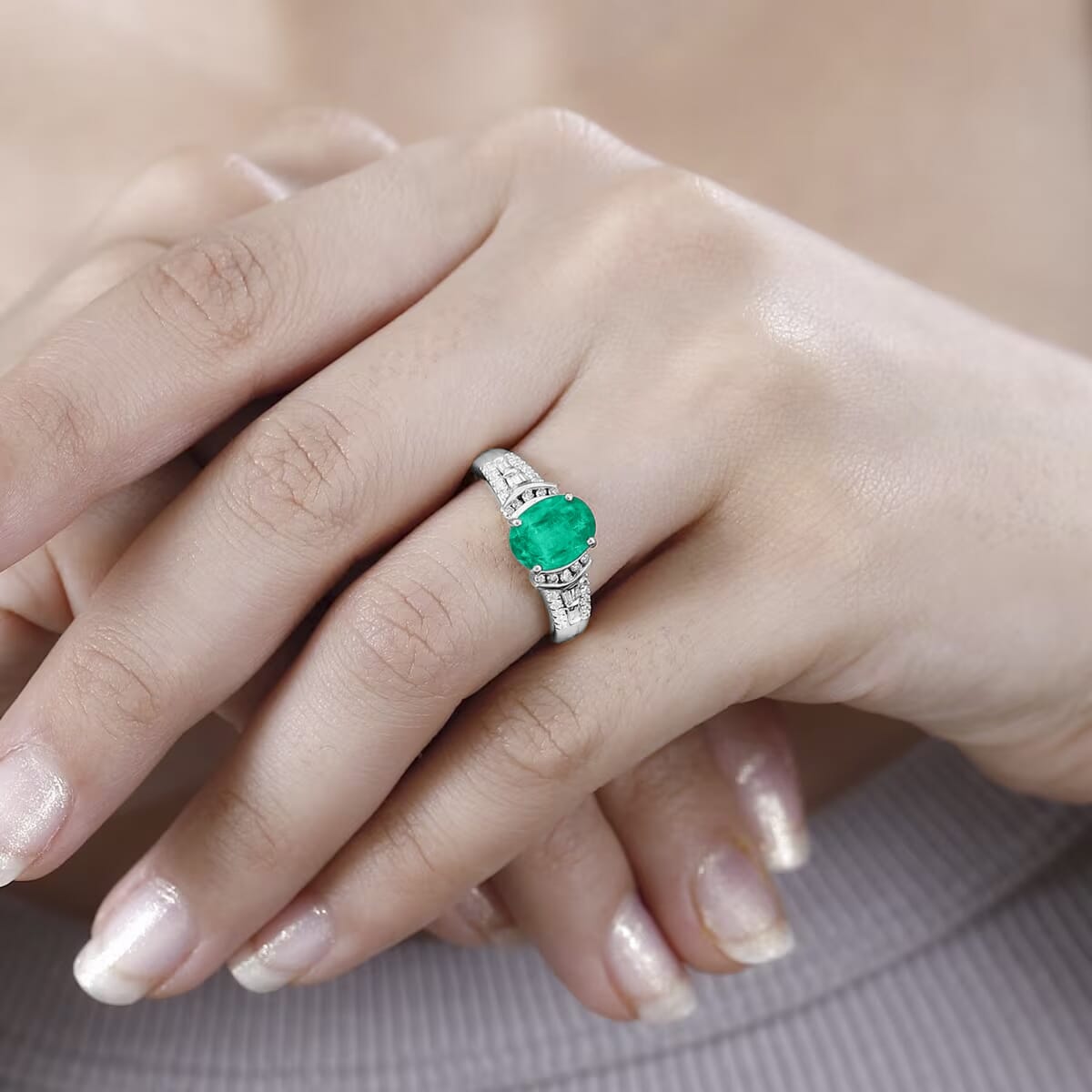 Luxoro AAA Kagem Zambian Emerald, Natural Champagne and White Diamond I2 2.23 ctw Ring in 14K White Gold (Size 10.0) image number 1