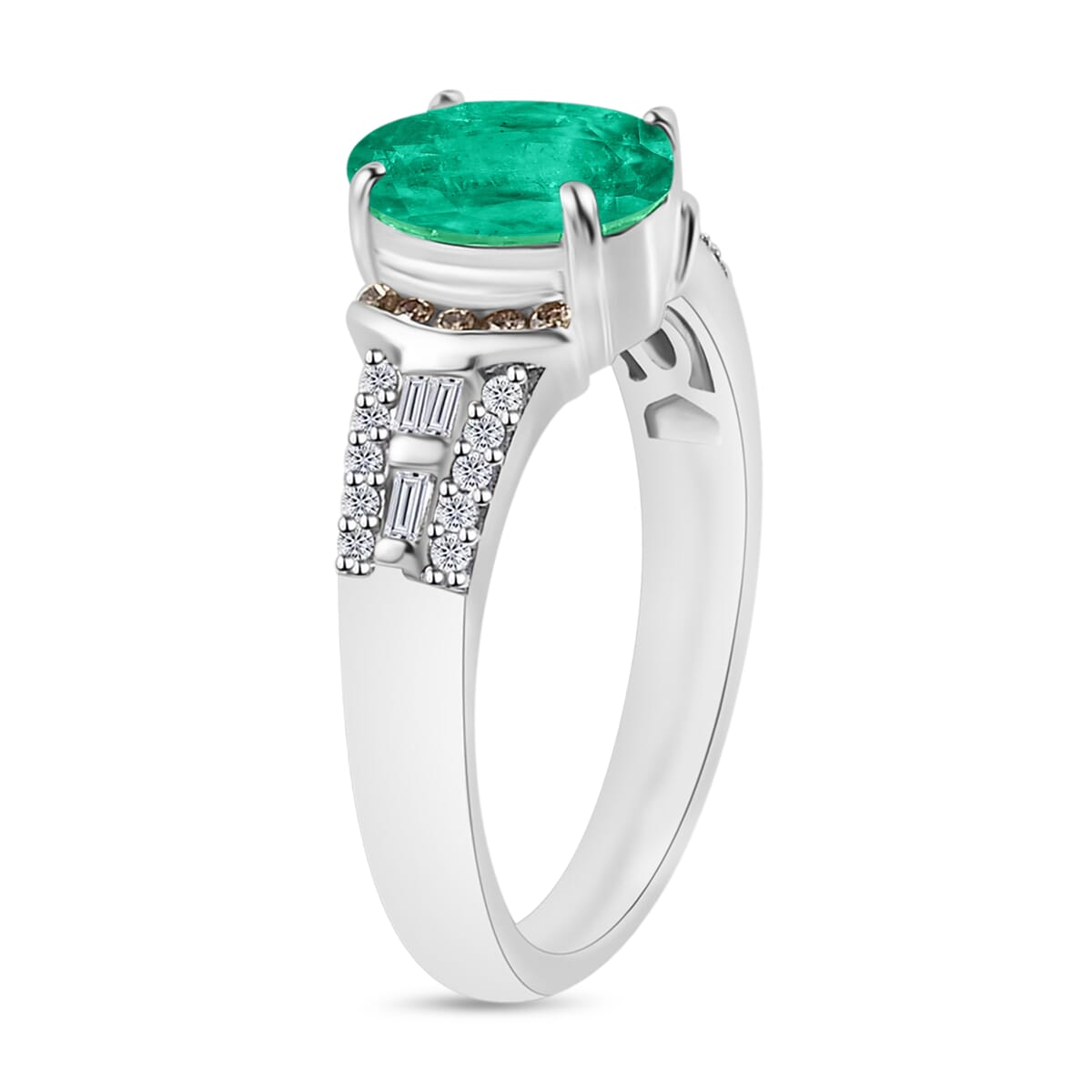Luxoro AAA Kagem Zambian Emerald, Natural Champagne and White Diamond I2 2.23 ctw Ring in 14K White Gold (Size 10.0) image number 2