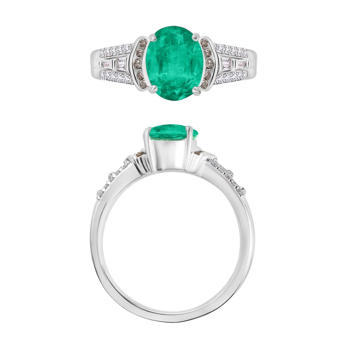 Luxoro AAA Kagem Zambian Emerald, Natural Champagne and White Diamond I2 2.23 ctw Ring in 14K White Gold (Size 10.0) image number 3