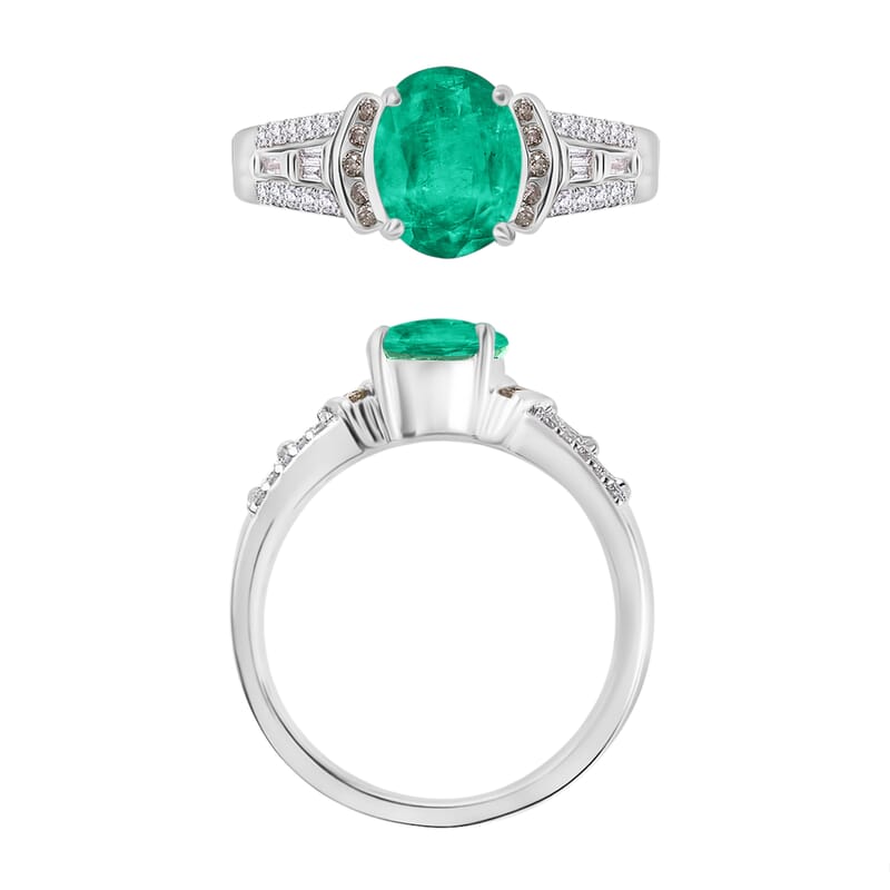 Luxoro AAA Kagem Zambian Emerald, Natural Champagne and White Diamond I2 2.23 ctw Ring in 14K White Gold (Size 10.0) 6 Grams