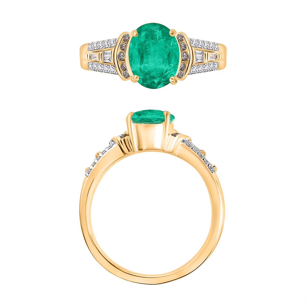 Luxoro AAA Kagem Zambian Emerald, Natural Champagne and White Diamond I2 2.23 ctw Ring in 14K Yellow Gold (Size 10.0) (Del. in 10-12 Days) image number 3