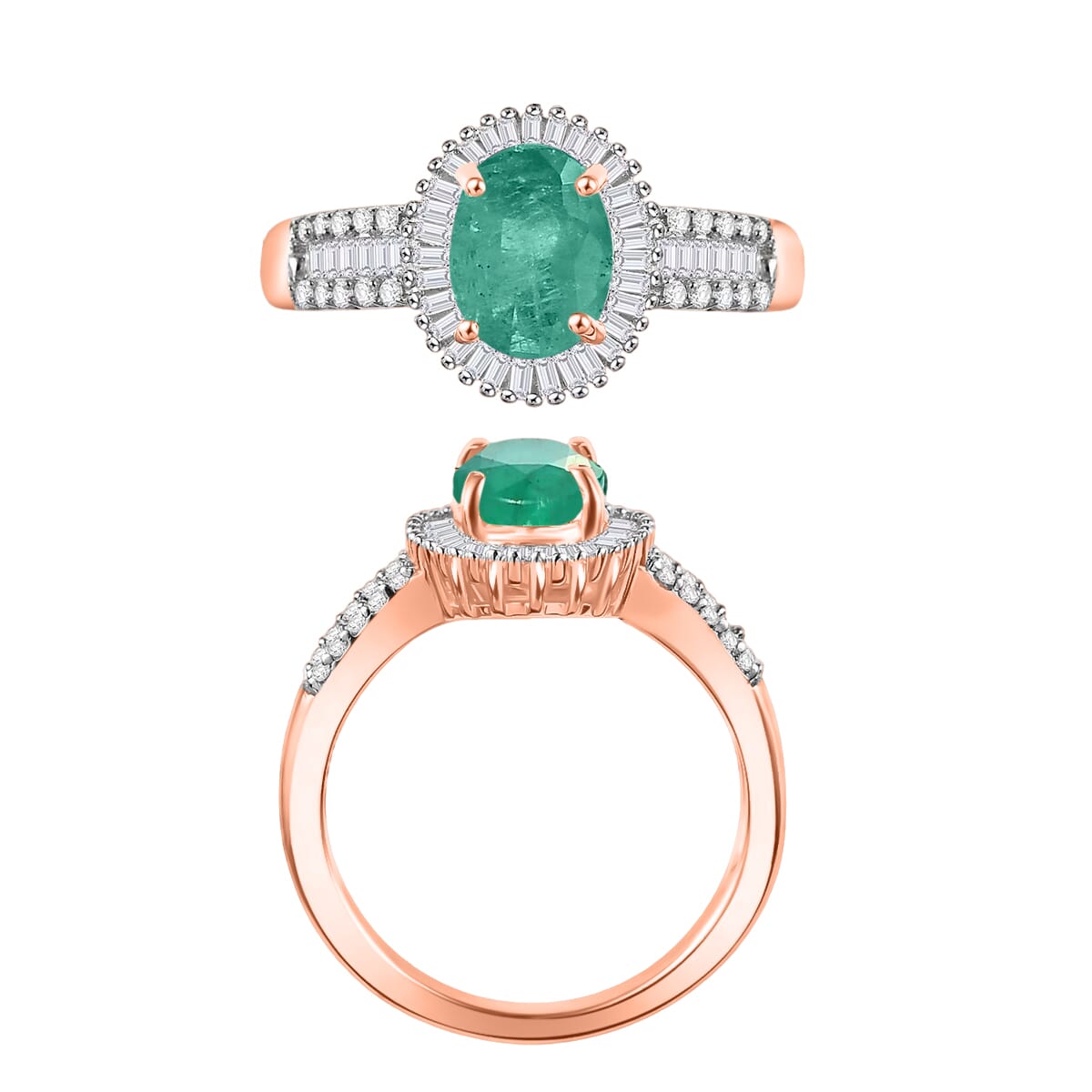 Kagem Zambian Emerald and Diamond 1.56 ctw Halo Ring in 18K Vermeil Rose Gold Over Sterling Silver (Size 10) 1 image number 3