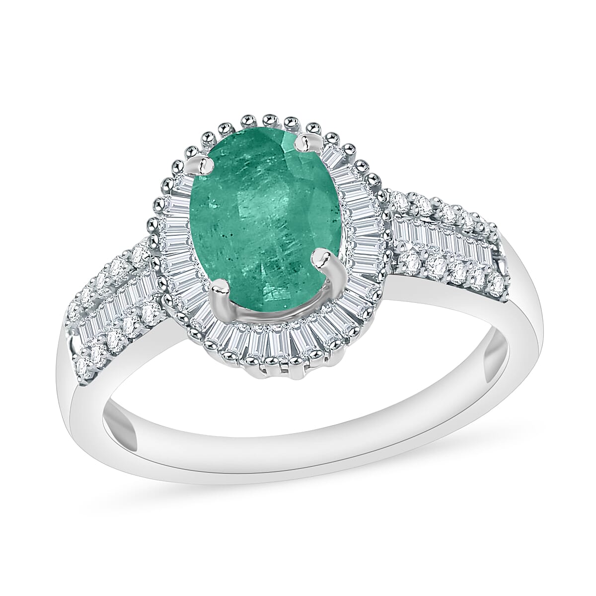 Kagem Zambian Emerald and Diamond 1.56 ctw Halo Ring in Rhodium Over Sterling Silver (Size 6.0) image number 0