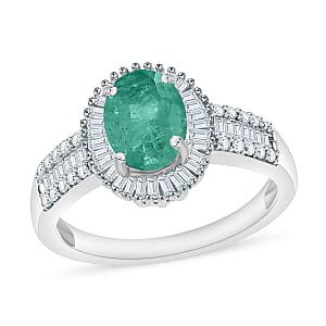 Kagem Zambian Emerald and Diamond 1.56 ctw Halo Ring in Rhodium Over Sterling Silver (Size 6.0)