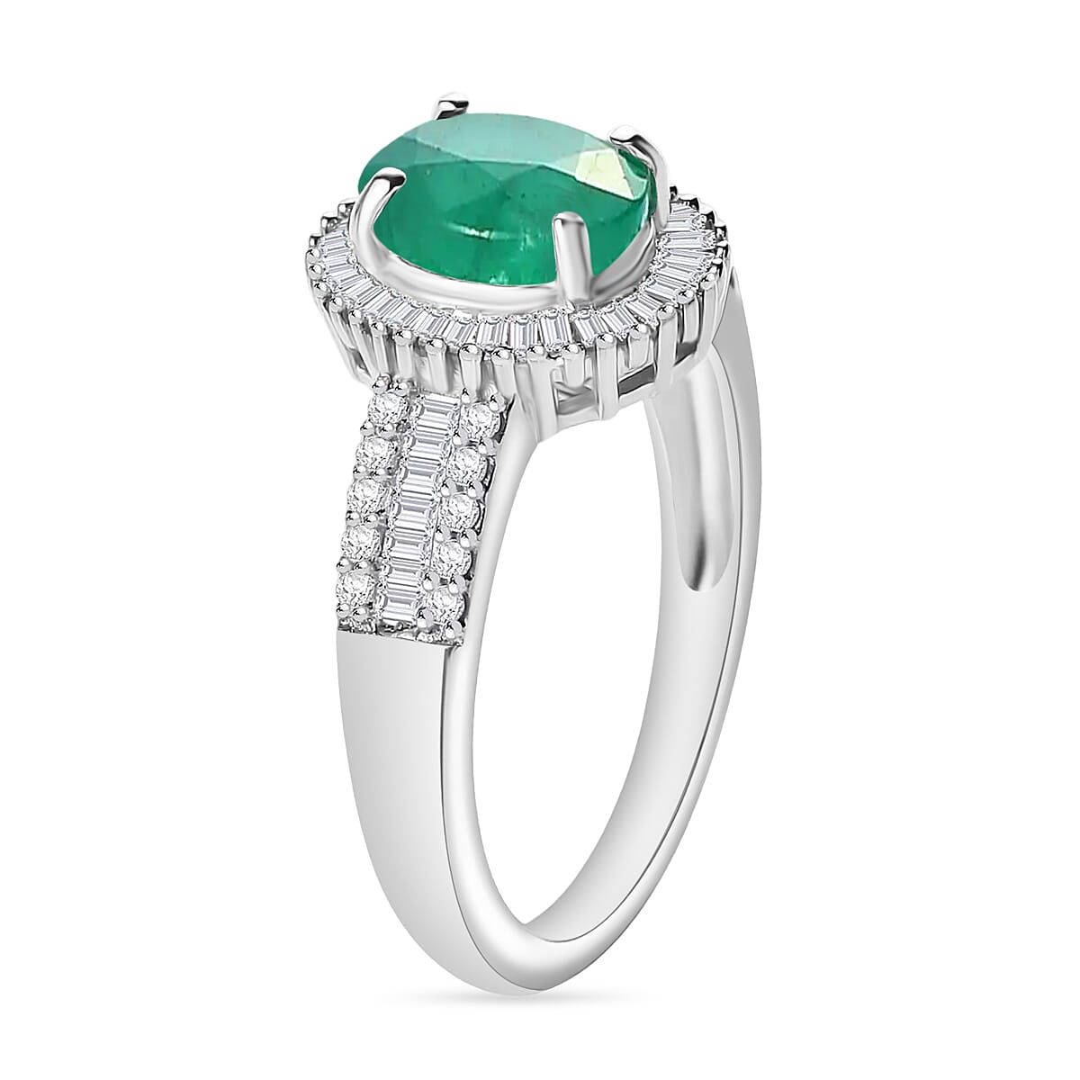 Kagem Zambian Emerald and Diamond 1.56 ctw Halo Ring in Rhodium Over Sterling Silver (Size 6.0) image number 2