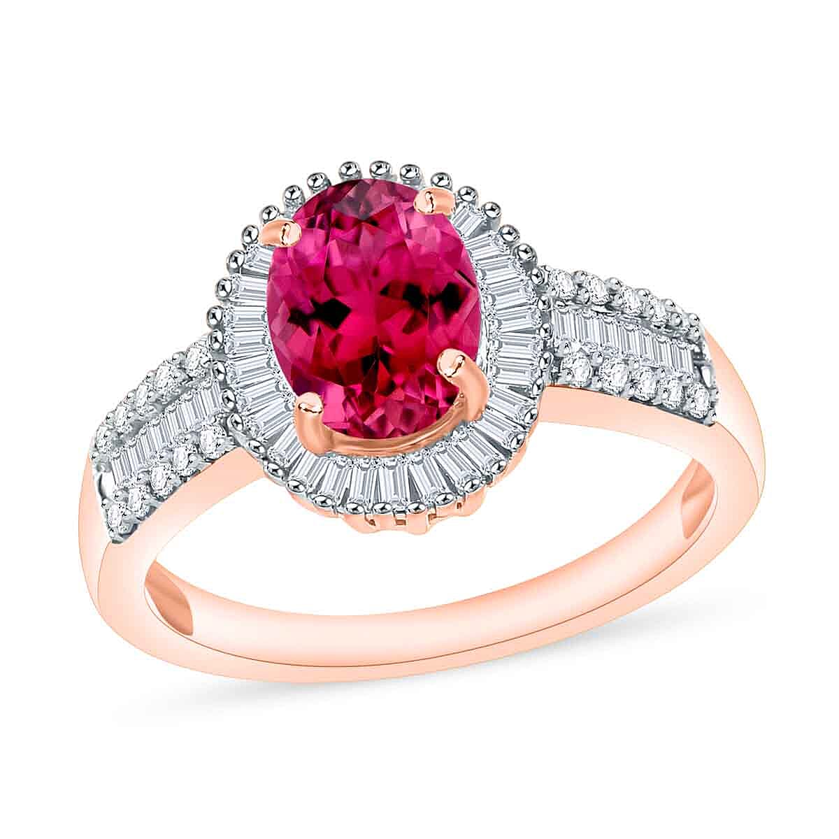 Ouro Fino Rubellite and Diamond 1.66 ctw Halo Ring in 18K Vermeil Rose Gold Over Sterling Silver (Size 4.0)