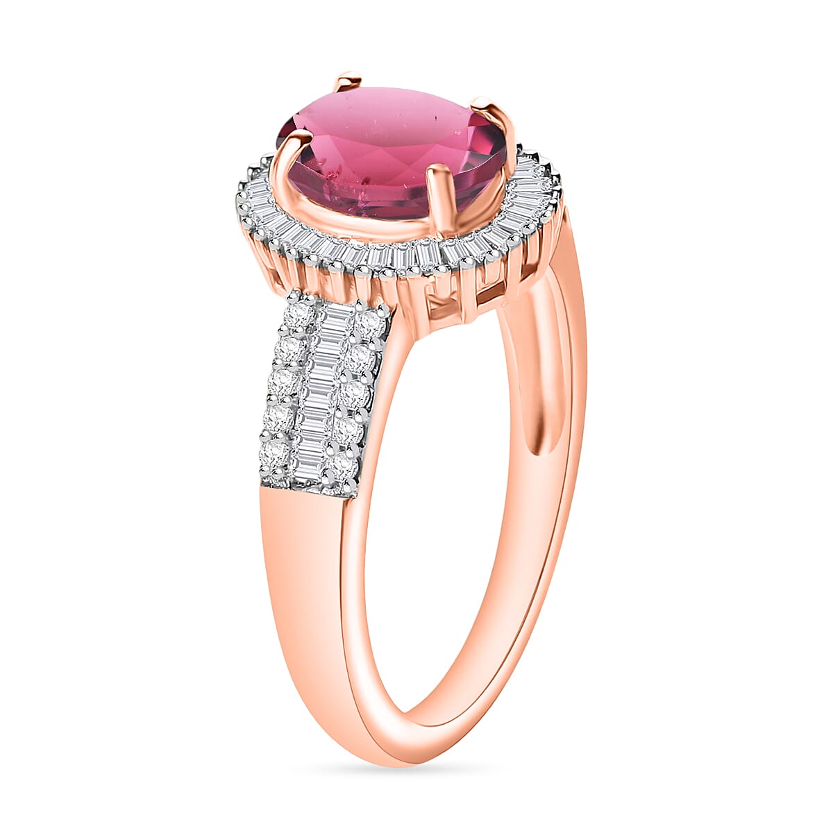 Ouro Fino Rubellite and Diamond 1.66 ctw Halo Ring in 18K Vermeil Rose Gold Over Sterling Silver (Size 4.0)