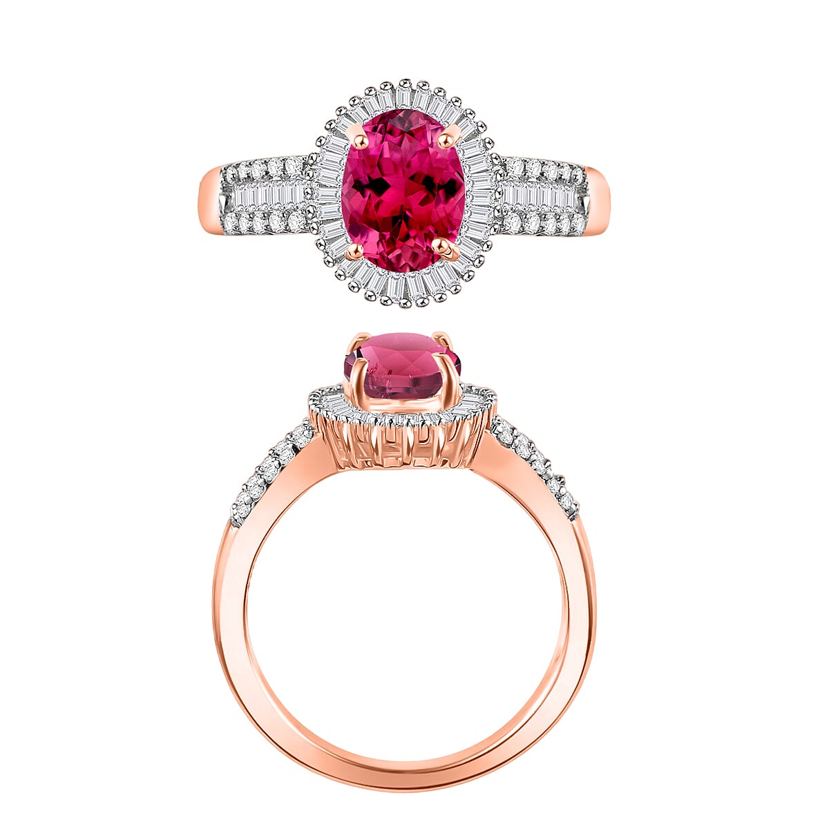 Ouro Fino Rubellite and Diamond 1.66 ctw Halo Ring in 18K Vermeil Rose Gold Over Sterling Silver (Size 4.0)