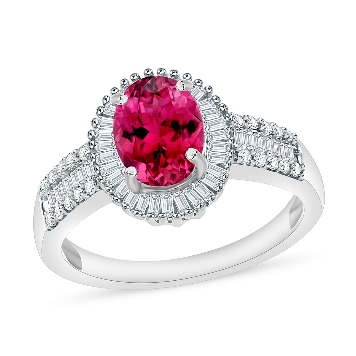 Ouro Fino Rubellite and Diamond 1.66 ctw Halo Ring in Rhodium Over Sterling Silver (Size 10.5)