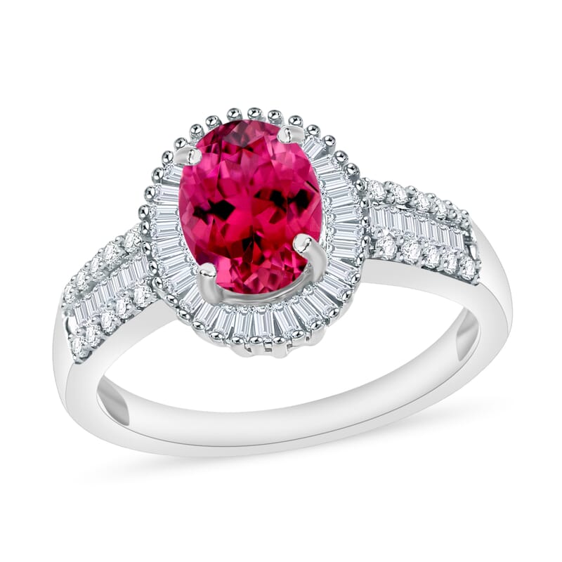Ouro Fino Rubellite and Diamond 1.66 ctw Halo Ring in Rhodium Over Sterling Silver (Size 10.5)
