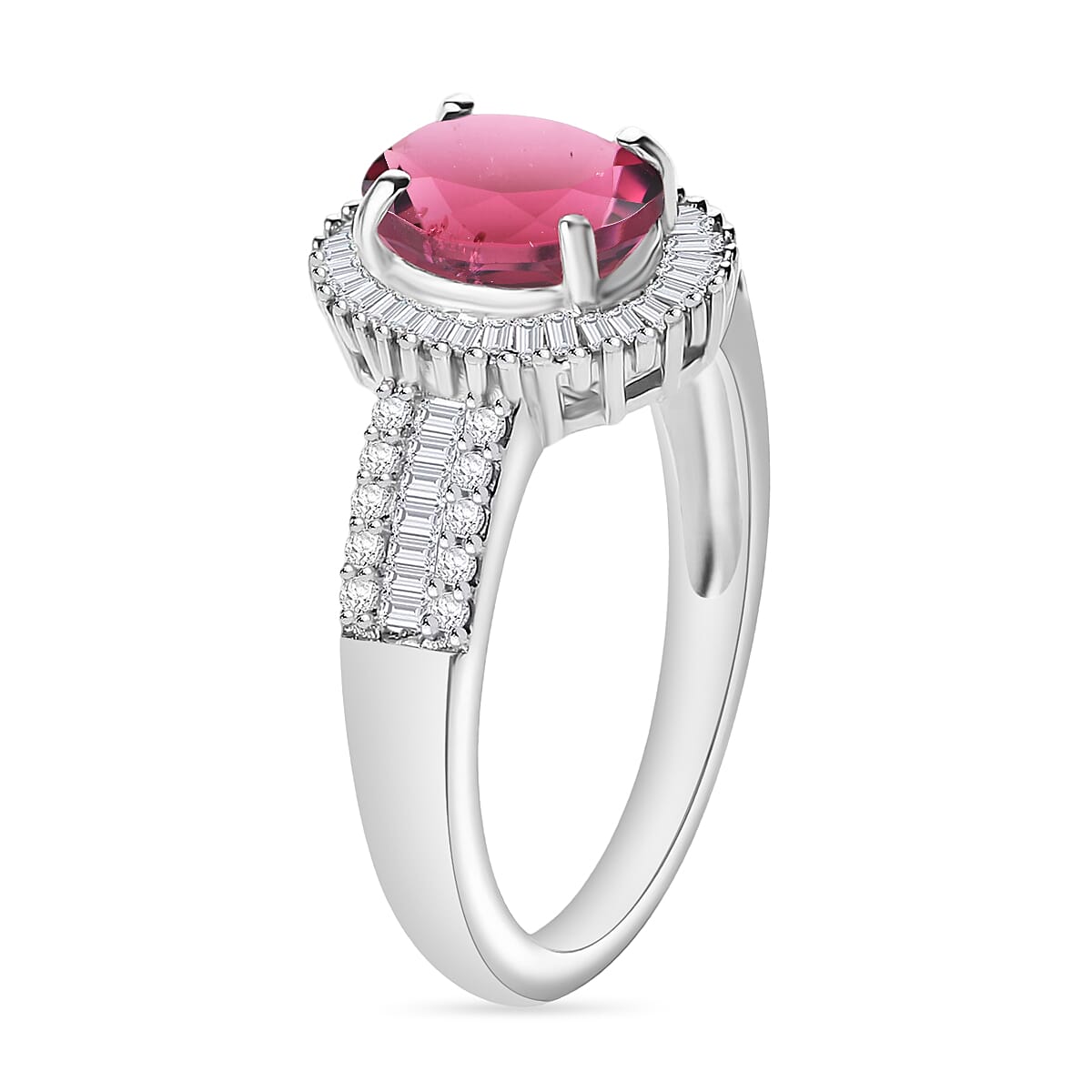 Ouro Fino Rubellite and Diamond 1.66 ctw Halo Ring in Rhodium Over Sterling Silver (Size 10.5)