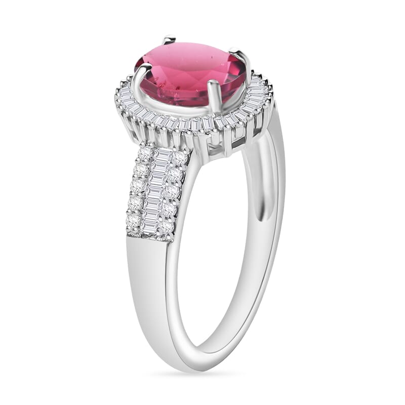 Ouro Fino Rubellite and Diamond 1.66 ctw Halo Ring in Rhodium Over Sterling Silver (Size 10.5)