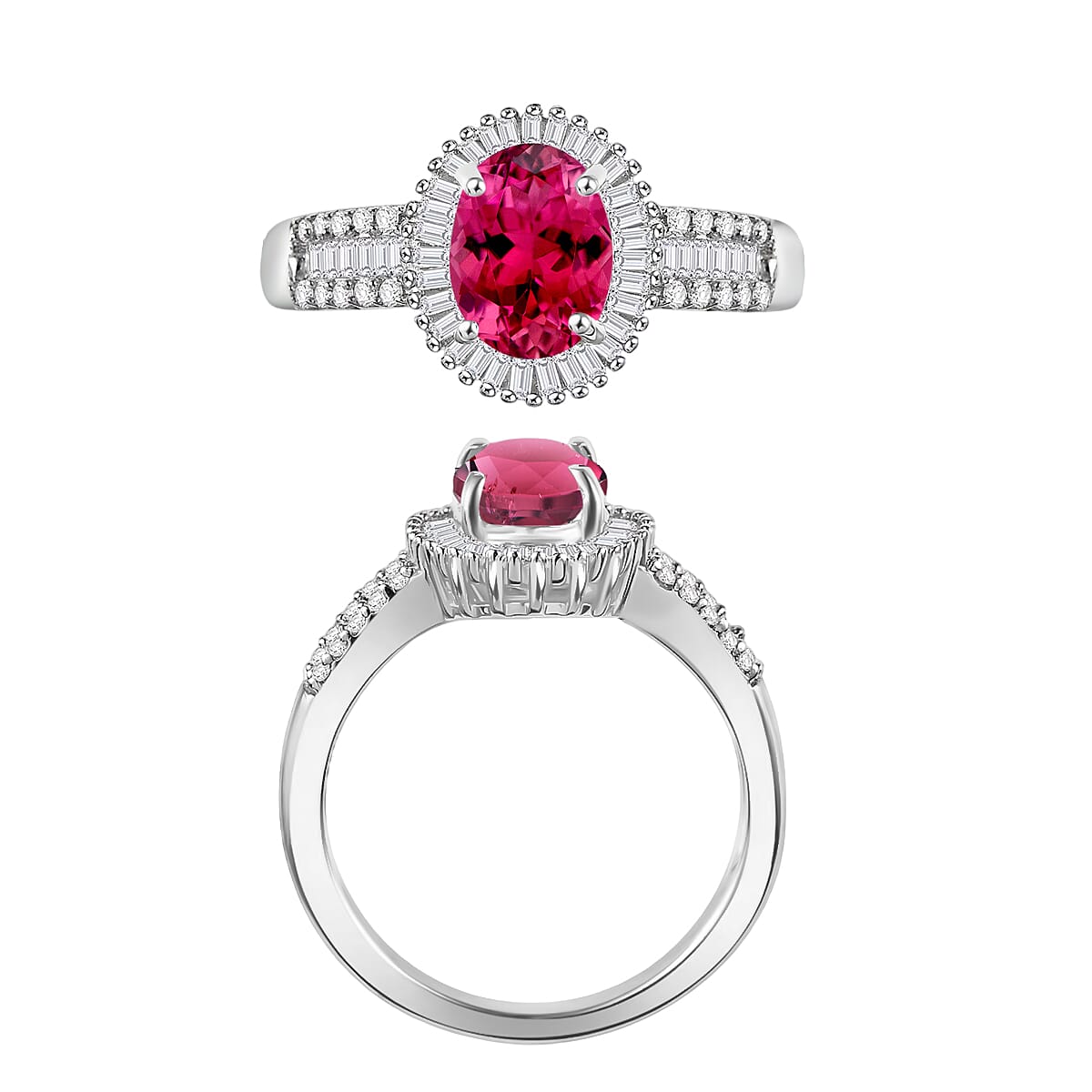 Ouro Fino Rubellite and Diamond 1.66 ctw Halo Ring in Rhodium Over Sterling Silver (Size 10.5)