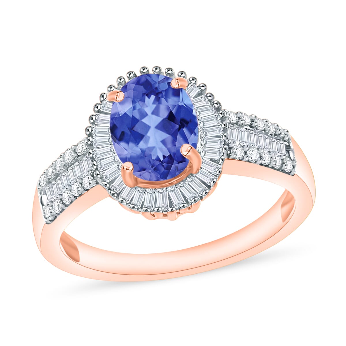 Tanzanite and Diamond 1.66 ctw Halo Ring in 18K Vermeil Rose Gold Over Sterling Silver (Size 10) 1 image number 0