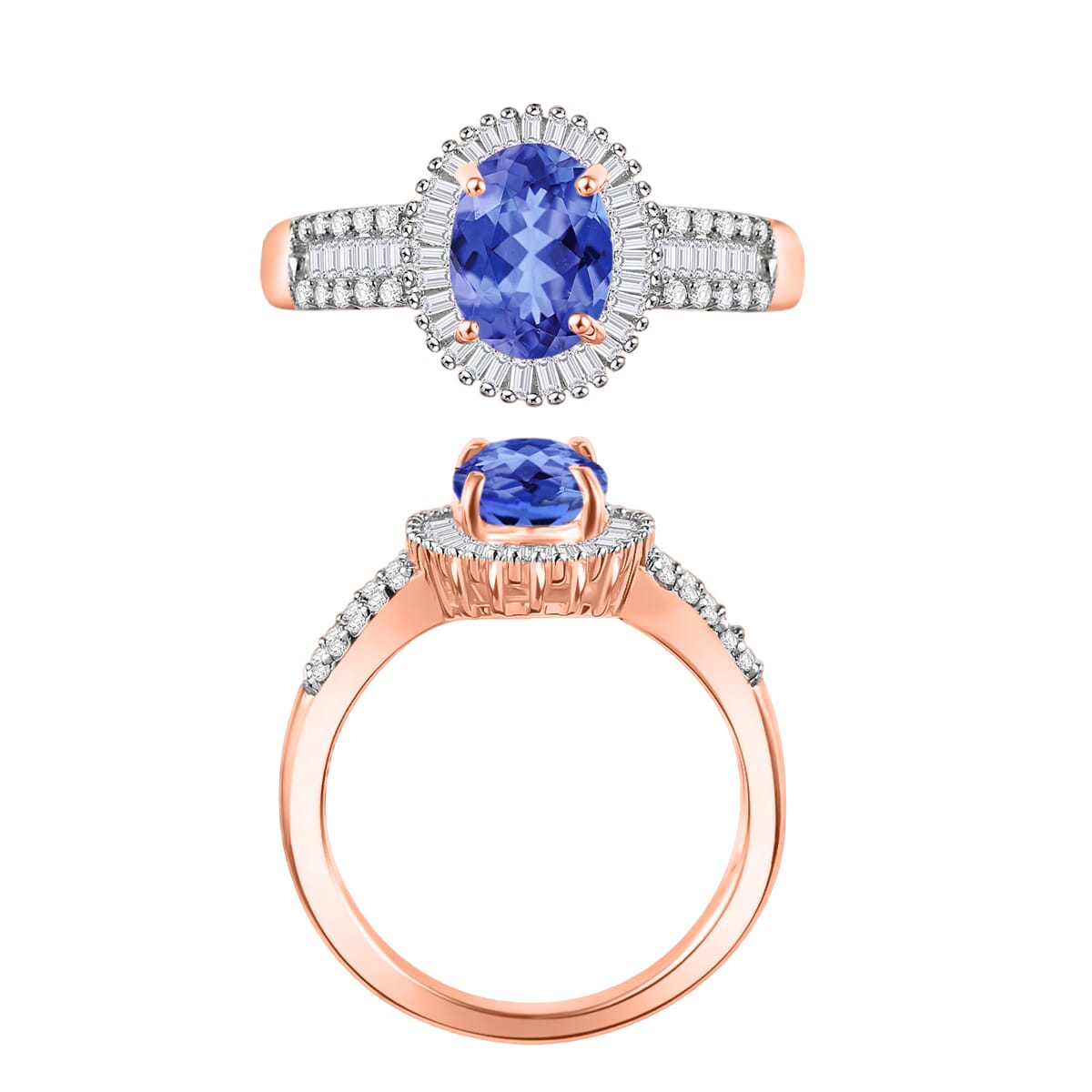 Tanzanite and Diamond 1.66 ctw Halo Ring in 18K Vermeil Rose Gold Over Sterling Silver (Size 10) 1 image number 3