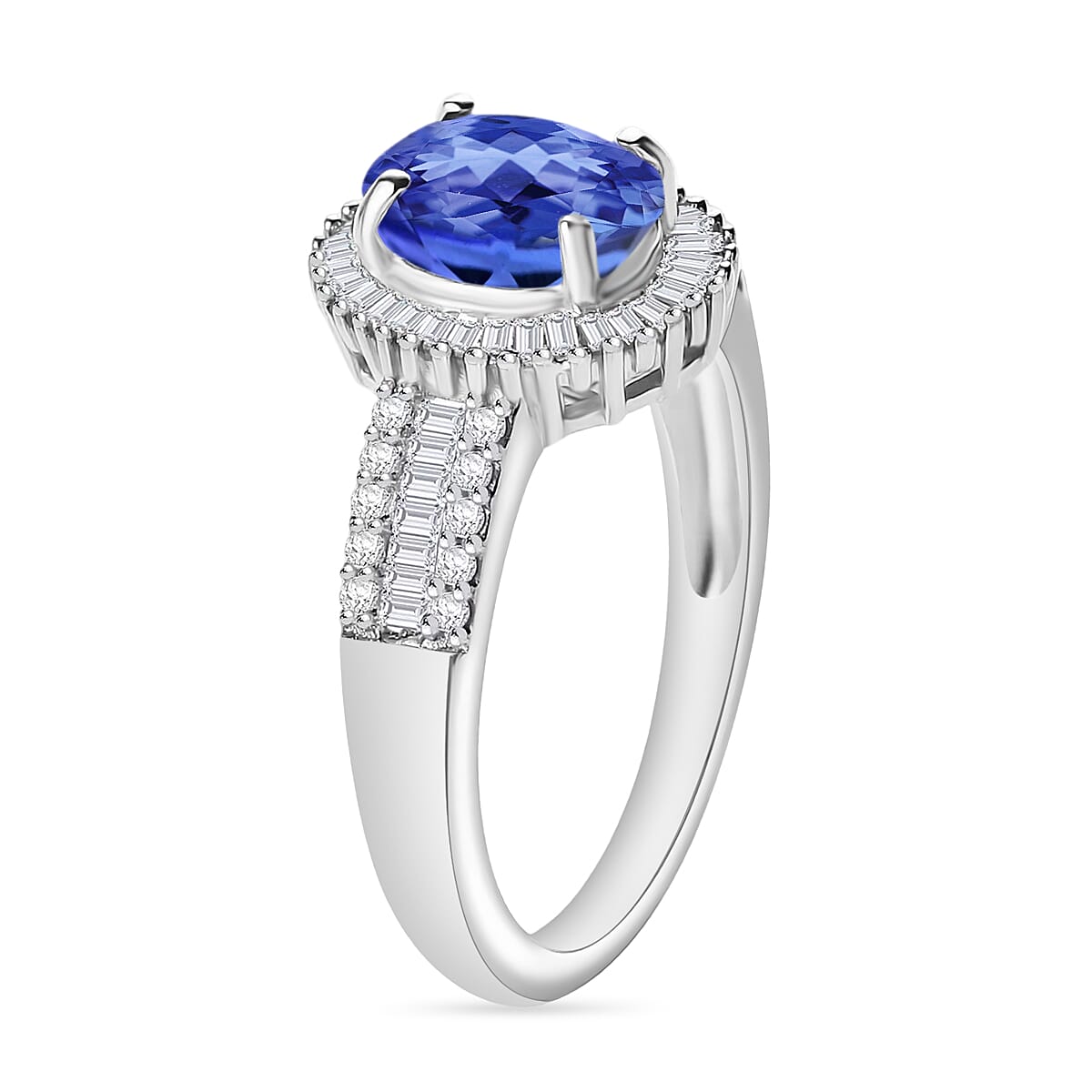 Tanzanite and Diamond 1.66 ctw Halo Ring in Rhodium Over Sterling Silver (Size 9.5)