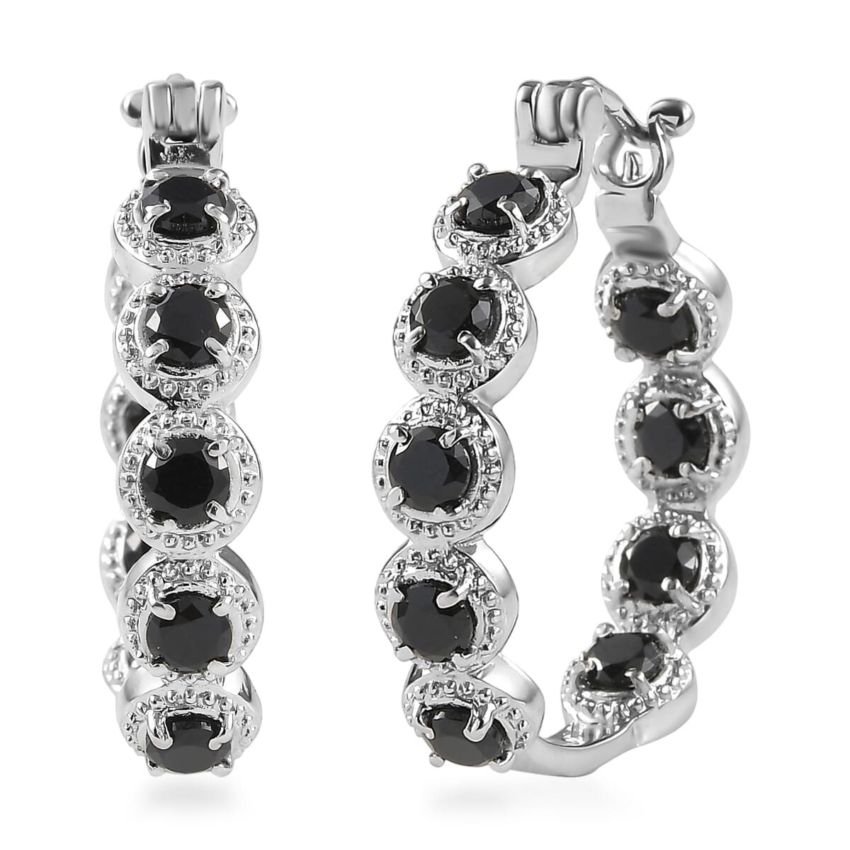 EverTrue Thai Black Spinel 4.00 ctw Hoop Earrings in Stainless Steel image number 0