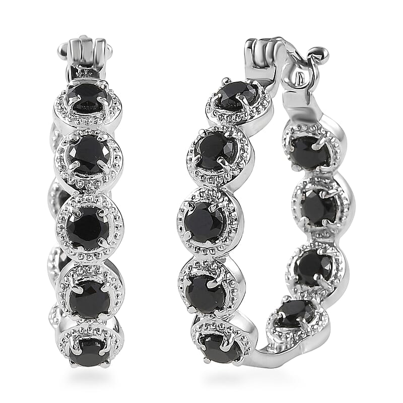 EverTrue Thai Black Spinel 4.00 ctw Hoop Earrings in Stainless Steel