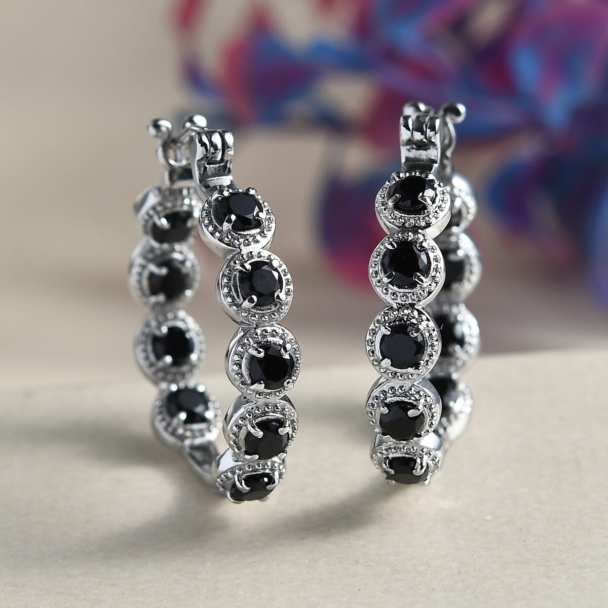EverTrue Thai Black Spinel 4.00 ctw Hoop Earrings in Stainless Steel image number 1