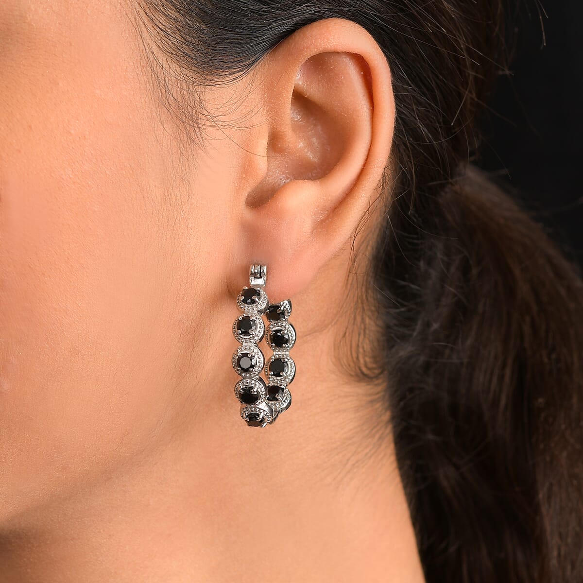 EverTrue Thai Black Spinel 4.00 ctw Hoop Earrings in Stainless Steel image number 2