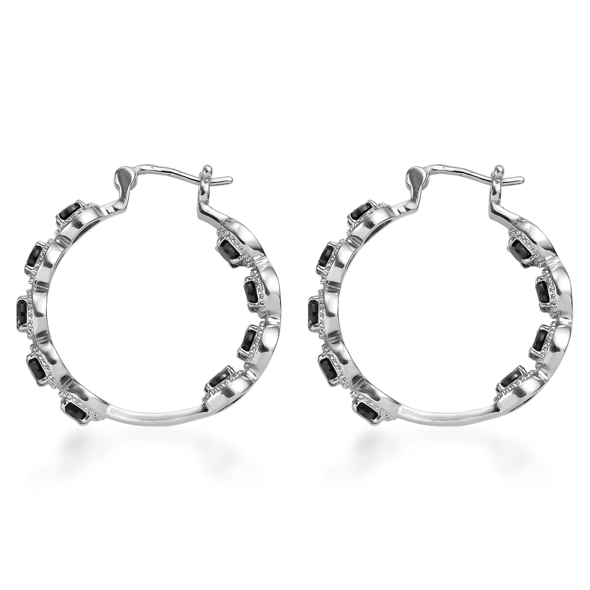 EverTrue Thai Black Spinel 4.00 ctw Hoop Earrings in Stainless Steel image number 3
