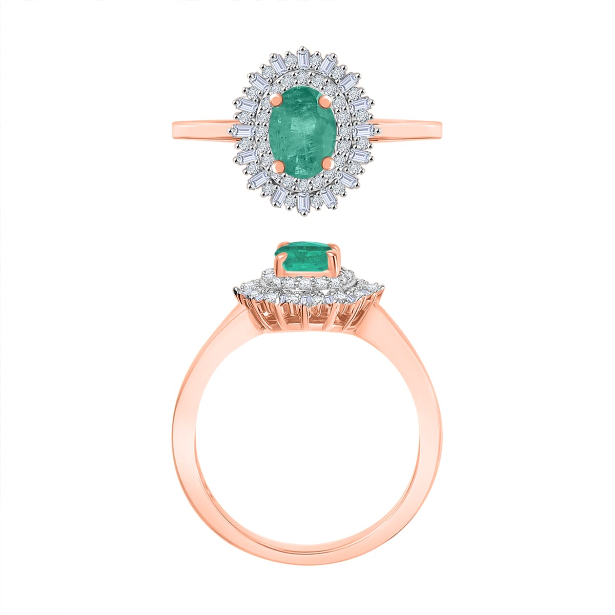 Kagem Zambian Emerald and Diamond Ring in 18K Vermeil Rose Gold Over Sterling Silver (Size 10.0) 1.13 ctw image number 3