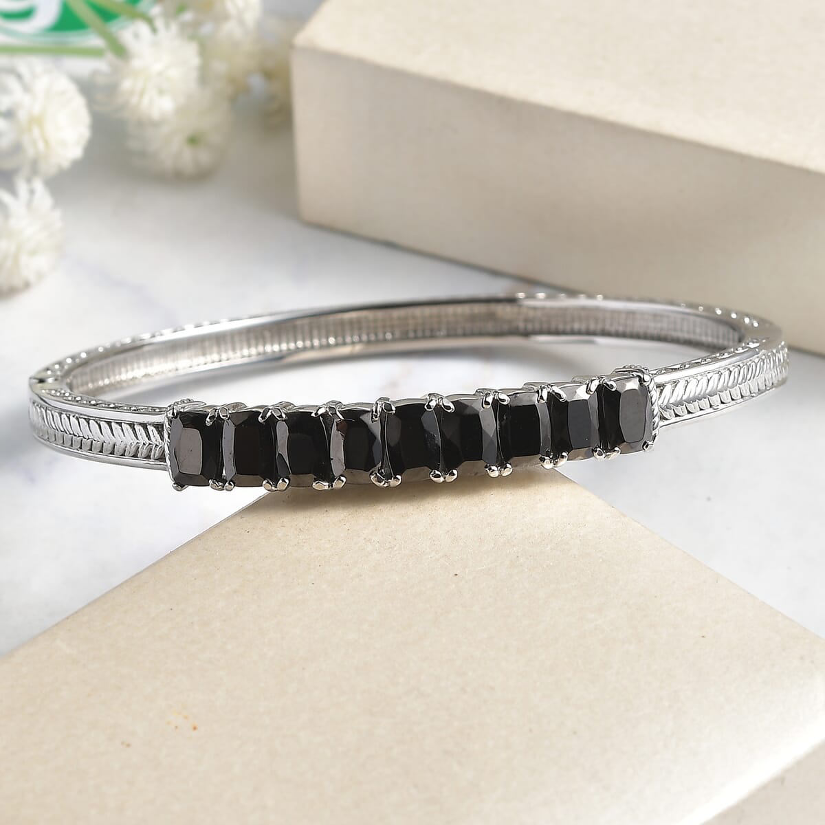 Shungite 5.15 ctw Midnight Lineage Bangle Bracelet in Stainless Steel (6.50 In) image number 1
