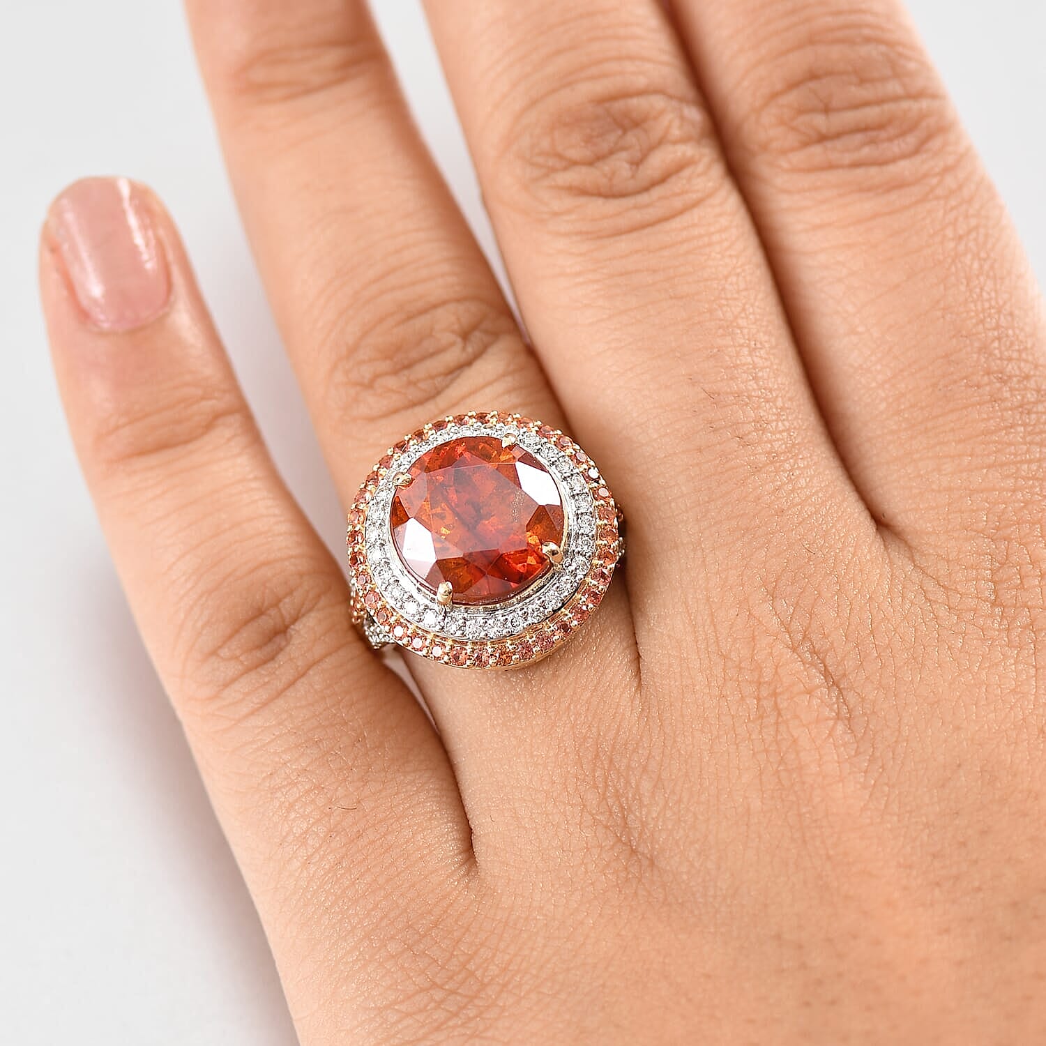 Premium Picos Altos Sphalerite, Padparadscha Sapphire and G-H SI Luxuriant Lab Grown Diamond 13.10 ctw Inferno Royale Ring in 10K Yellow Gold (Size 7.0)