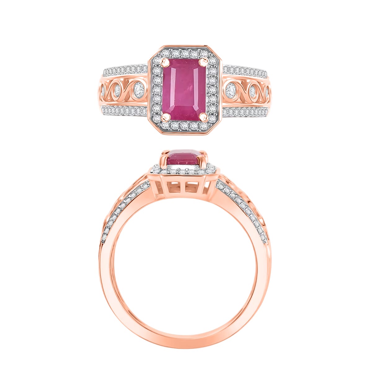 Royal Ruby and White Zircon 2.54 ctw Ring in 18K Vermeil Rose Gold Over Sterling Silver (Size 11.0) image number 3