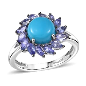 D'Joy Premium Sleeping Beauty Turquoise and Tanzanite 3.10 ctw Floral Ring in Rhodium Over Sterling Silver (Size 10.0)