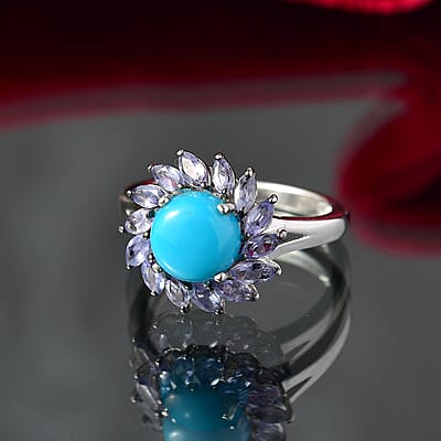 D'Joy Premium Sleeping Beauty Turquoise and Tanzanite 3.10 ctw Floral Ring in Rhodium Over Sterling Silver (Size 10.0)
