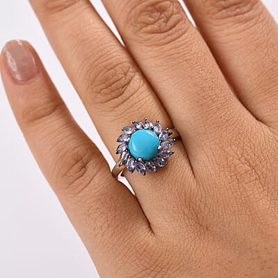 D'Joy Premium Sleeping Beauty Turquoise and Tanzanite 3.10 ctw Floral Ring in Rhodium Over Sterling Silver (Size 10.0)