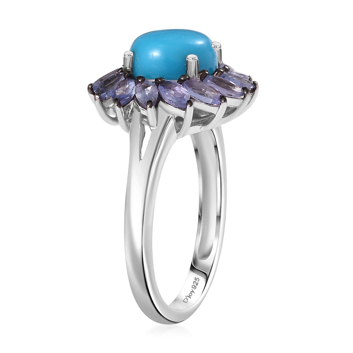 D'Joy Premium Sleeping Beauty Turquoise and Tanzanite 3.10 ctw Floral Ring in Rhodium Over Sterling Silver (Size 10.0) image number 3