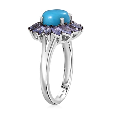 D'Joy Premium Sleeping Beauty Turquoise and Tanzanite 3.10 ctw Floral Ring in Rhodium Over Sterling Silver (Size 10.0)