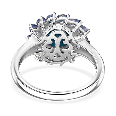 D'Joy Premium Sleeping Beauty Turquoise and Tanzanite 3.10 ctw Floral Ring in Rhodium Over Sterling Silver (Size 10.0)