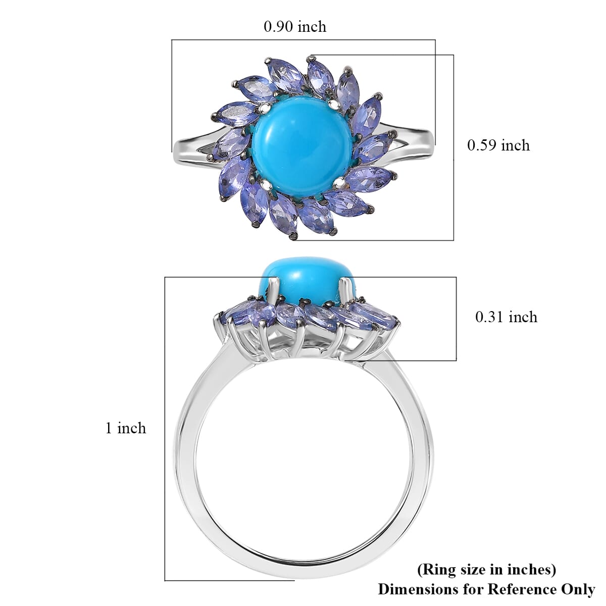 D'Joy Premium Sleeping Beauty Turquoise and Tanzanite 3.10 ctw Floral Ring in Rhodium Over Sterling Silver (Size 10.0) image number 5
