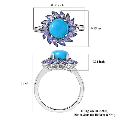 D'Joy Premium Sleeping Beauty Turquoise and Tanzanite 3.10 ctw Floral Ring in Rhodium Over Sterling Silver (Size 10.0)