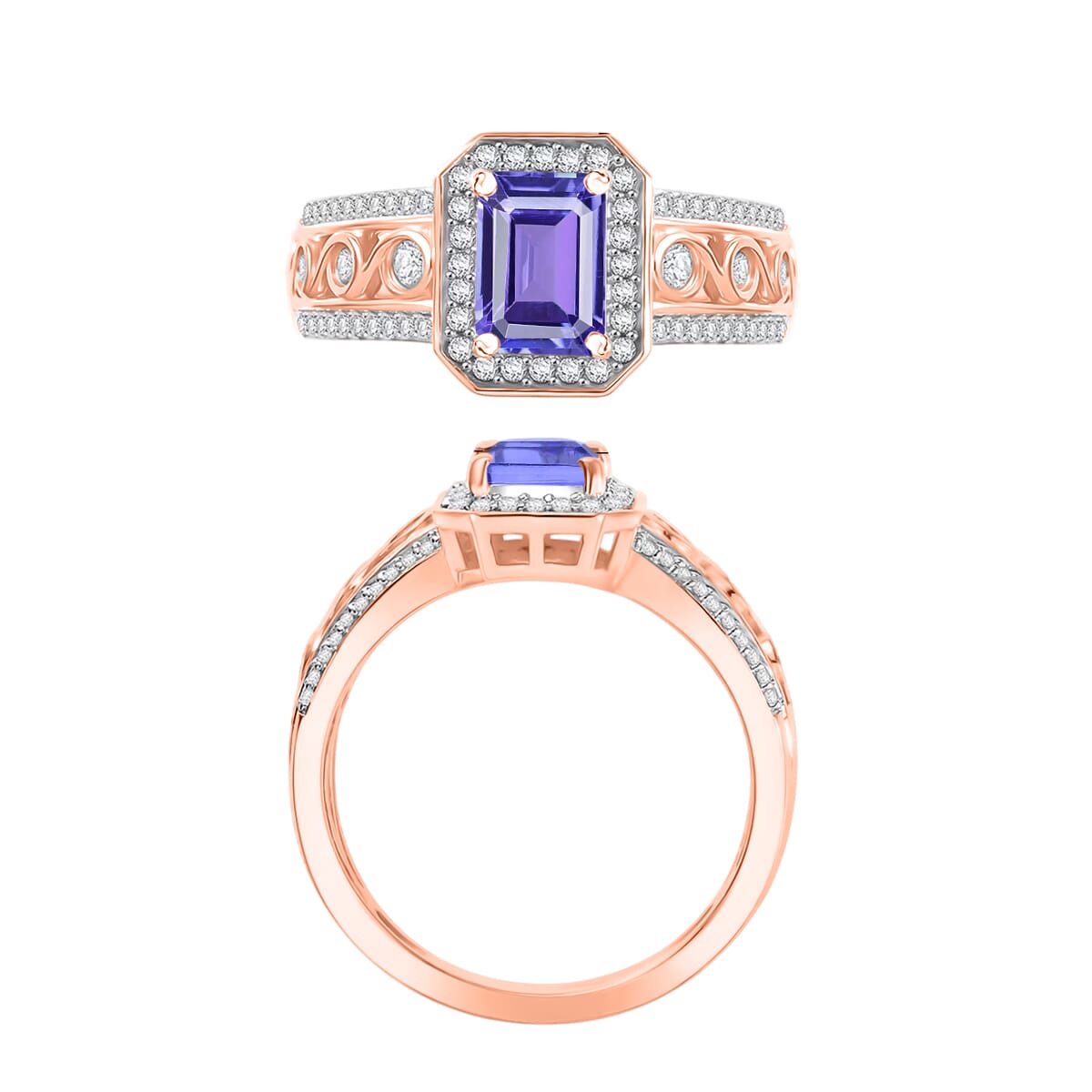 Tanzanite and White Zircon 2.19 ctw Ring in 18K Vermeil Rose Gold Over Sterling Silver (Size 10.0) image number 3